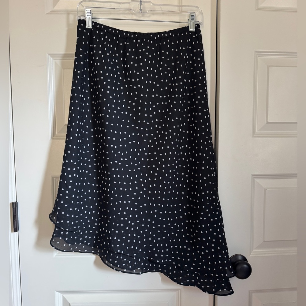 Navy White Polka Dot Asymmetrical 2-Layer Midi Skirt Size 10